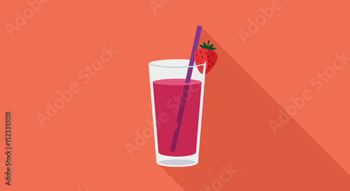 Tall glass of purple fruit juice with blue straw and red strawberry on top against red background