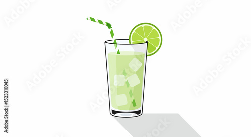 Tall glass of vibrant green beverage with ice cubes, lime slice, and green straw on light gray background