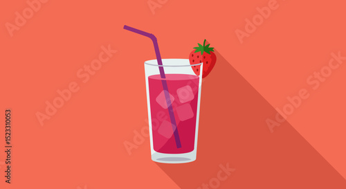 Tall glass of purple fruity drink with blue straw and strawberry on red background