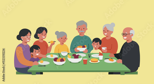 Multi-generational family of seven sharing a meal around a green rectangular table