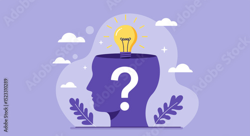 Stylized human head with question mark and glowing lightbulb on purple background