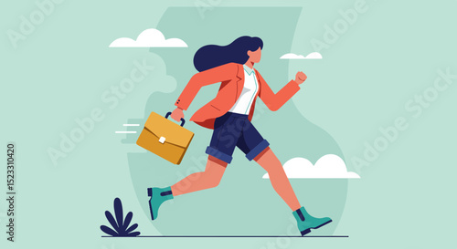 Professional woman in motion with briefcase, red blazer, and dark hair in a light green background