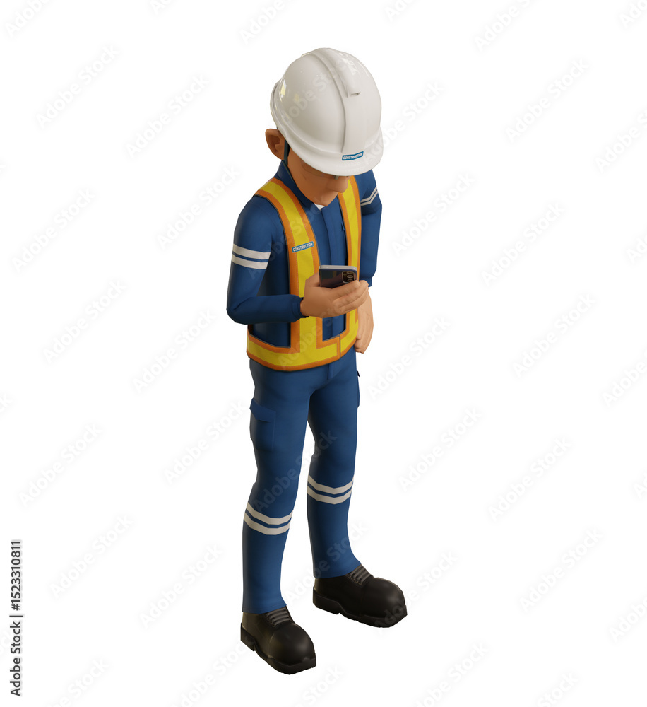 Isolate industrial worker is using the mobile phone on transparent background Isolate industrial worker is using the mobile phone on transparent background