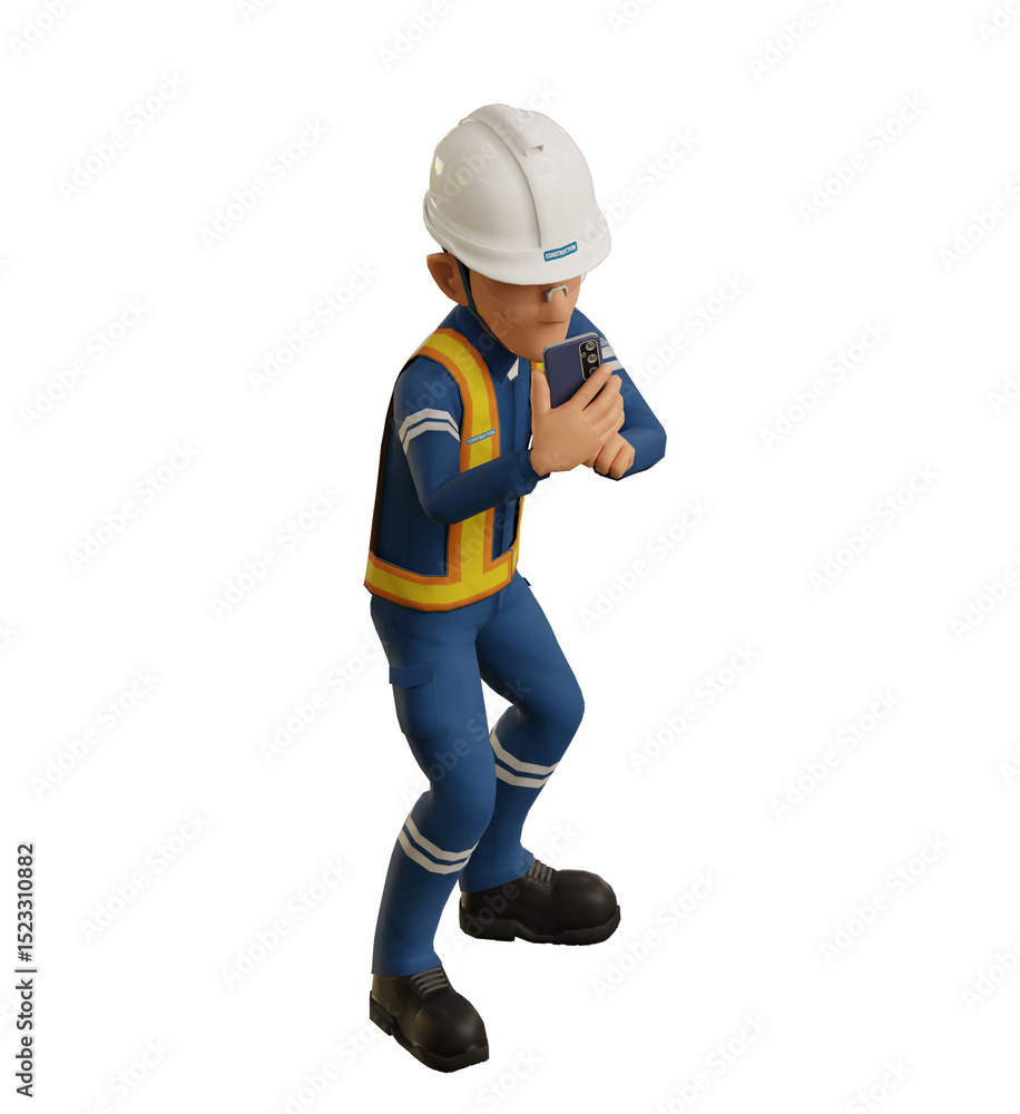 Isolate industrial worker is using the mobile phone to taking a photo on transparent back ground Isolate industrial worker is using the mobile phone to taking a photo on transparent back ground
