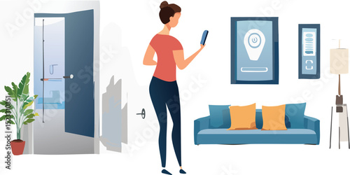 Smart home interior with voice assistant in use, woman controlling lights and temperature via smartphone, minimal and modern interior design — technology lifestyle stock photo