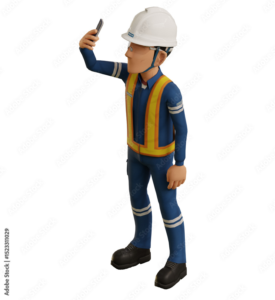 Isolate industrial worker is using the mobile phone to taking a photo on transparent back ground Isolate industrial worker is using the mobile phone to taking a photo on transparent back ground