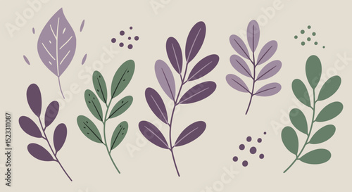 Flat illustration of various leafy plants in shades of purple and green