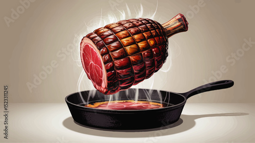 Juicy Smoked Ham Shank Hovering Over Cast Iron Skillet with Rising Steam – Realistic Vector Art for Culinary Design