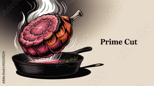 Vintage Illustration of Prime Cut Steak Sizzling in Cast Iron Skillet with Rosemary and Steam, Perfect for Food and Restaurant Designs