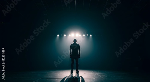 Silhouette of Man Standing in Spotlight - Dramatic Backlit Figure in Dark Arena