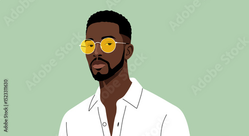 Portrait of a confident man in yellow sunglasses and white shirt against a light green background