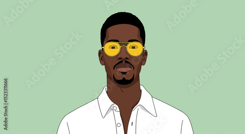 Stylish man with short dark hair, beard, and yellow sunglasses in white collared shirt on light green background
