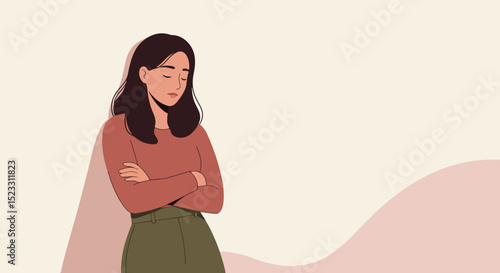Young woman in quiet introspection with long dark hair, maroon top, and green pants
