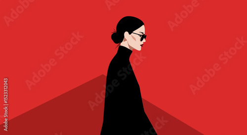 Profile of a woman with dark hair and sunglasses against a red background