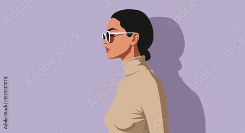 Profile portrait of a woman with dark hair in a beige turtleneck sweater and white-framed sunglasses against a purple gradient background