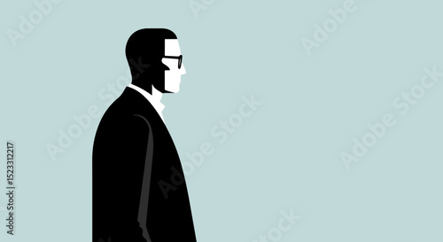 Minimalist illustration of a man in a black suit and white shirt with partial face shading