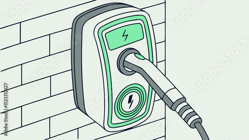 Electric Vehicle Charger with Plug and Wall Illustration