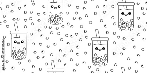 Kawaii bubble tea cups with straws smiling on white background, seamless pattern vector