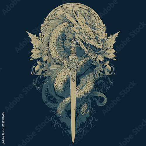 Dragon and Sword Vector Illustration