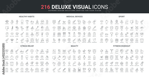 Healthy habits for health care, sports and fitness workout, beauty line icon set. Medical devices for hospital and home, solutions against stress thin black outline symbols vector illustration