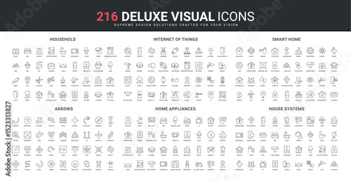 Smart home, appliances and internet of things line icon set. Household equipment and kitchen tools, access to home system via mobile app, arrow of way, thin black outline symbols vector illustration
