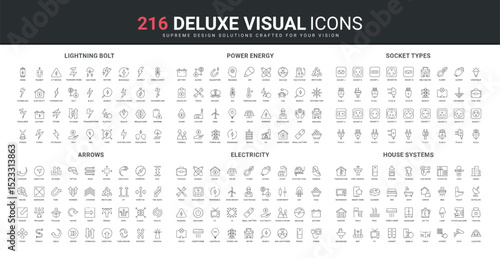 Smart home system with devices and furniture, electricity, arrows and cursor types line icon set. Plugs and sockets of different countries, power station thin black outline symbols vector illustration
