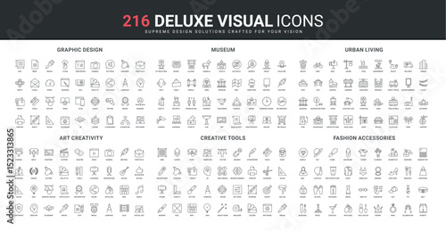 Art idea of artist, graphic design and creativity, city infrastructure and museum line icon set. Creative equipment of designer, fashion accessory thin black outline symbols vector illustration