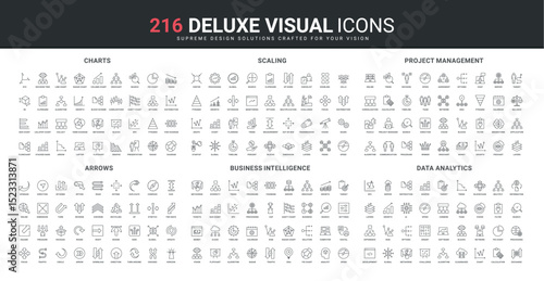 Business skills and intelligence, project management, size arrow and chart line icon set. Risk and difference analysis, algorithms and data processing thin black outline symbols vector illustration