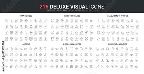 Business analytics and data protection, science, blockchain and crypto technology line icon set. Chart arrows for scaling, size measurement and direction thin black outline symbols vector illustration