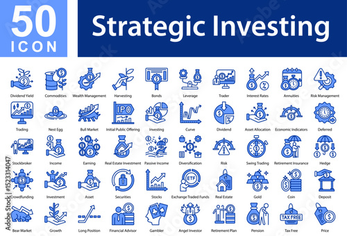 Strategic Investing Collection of Icons with Blue Color, Containing: Dividend Yield  ,Commodities  ,Wealth Management  ,Harvesting  ,Bonds  ,Leverage  ,Trader  ,Interest Rates  ,Risk Management