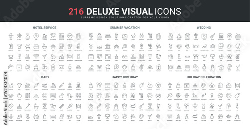 Newborn baby life items, summer beach vacation and hotel service, holiday celebration line icon set. Wedding and marriage contract, crown and ring thin black outline symbols vector illustration