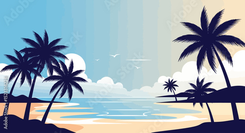 Serene Tropical Beach Scene Palm Trees, Ocean, and Sky