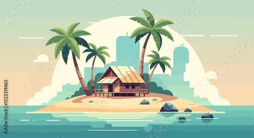 Tropical Island Paradise Hut on Secluded Beach with City Skyline