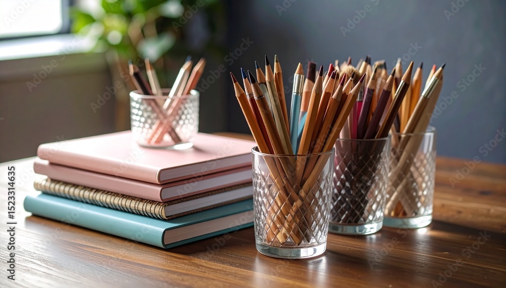 Obraz premium A stack of thick pastel colored notebooks and clear glasses filled with colored pencils and paint brushes, on a smooth grained mahogany tableGenerated image