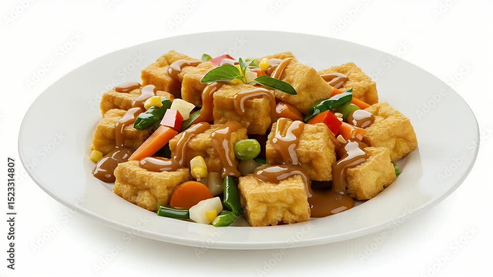 Tofu and vegetables on plate with sauce Tofu and vegetables on plate with sauce