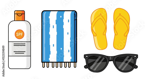 Summer Essentials Beach Towel, Sunscreen, Sunglasses, Flip-Flops