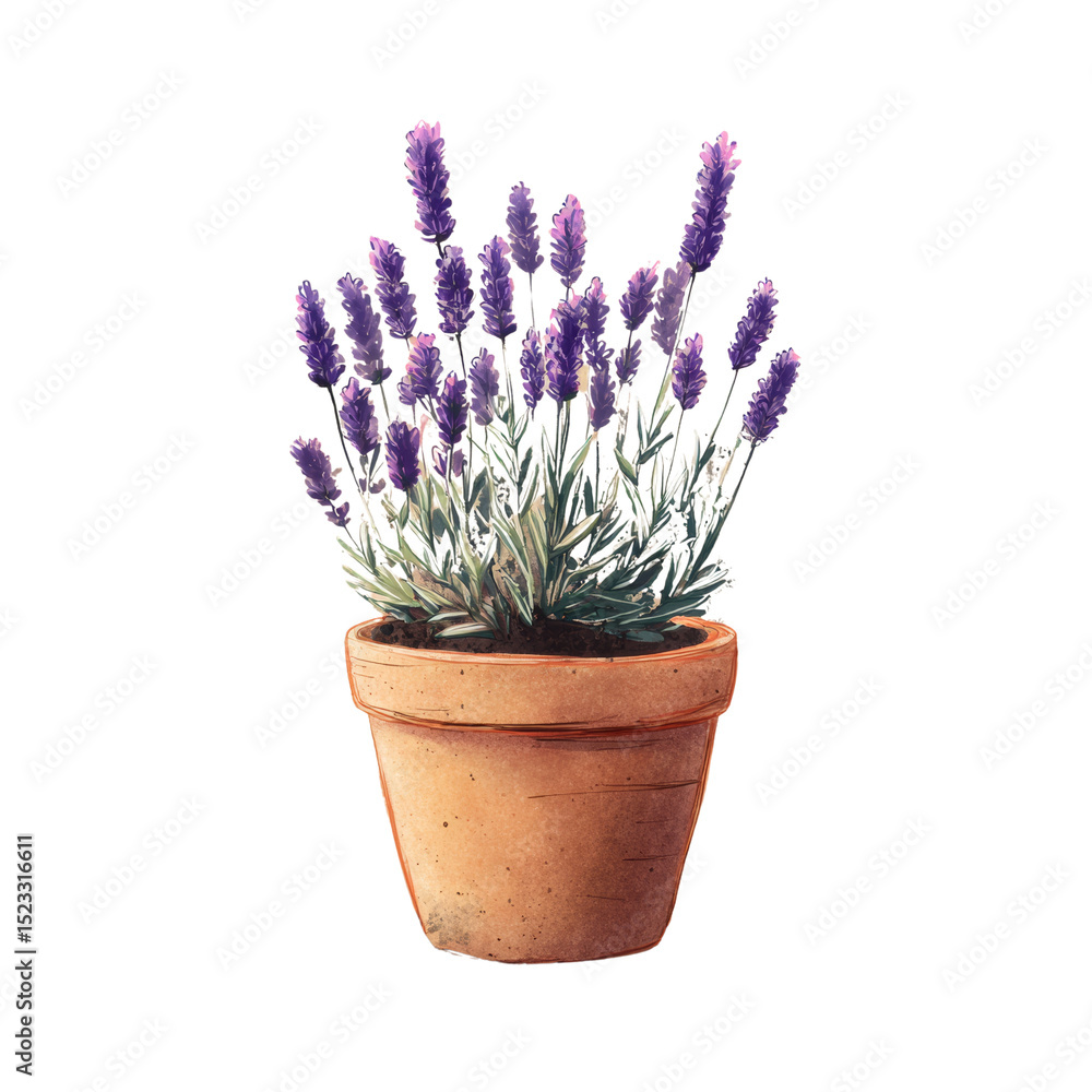 Watercolour Lavenders in terracotta pot, artistic botanical floral illustration Watercolour Lavenders in terracotta pot, artistic botanical floral illustration
