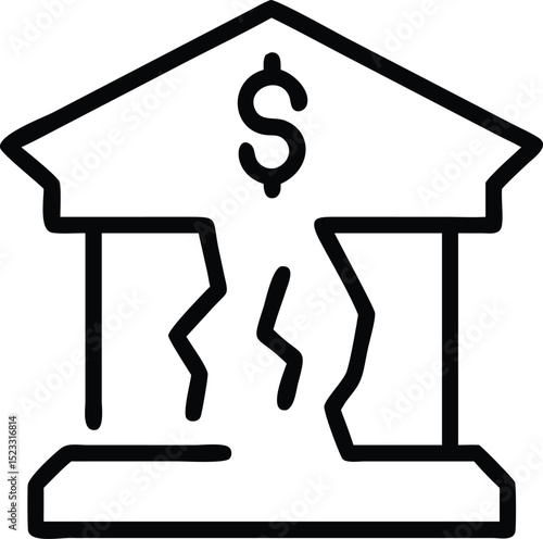 Black vector silhouette design depicting a broken bank icon symbolizing bankruptcy