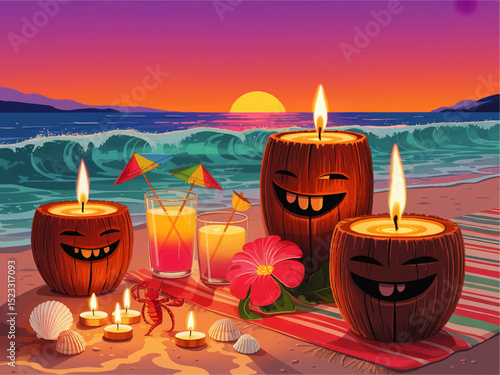 Tropical Beach Sunset with Cute Coconut Candles, Summer Cocktails, and Vibrant Decor – Relaxing Seaside Vacation Illustration