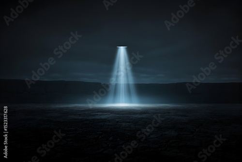 retro sci-fi art, alien theme with ufo beaming light in a desert in retro sci-fi poster style, with a grainy texture