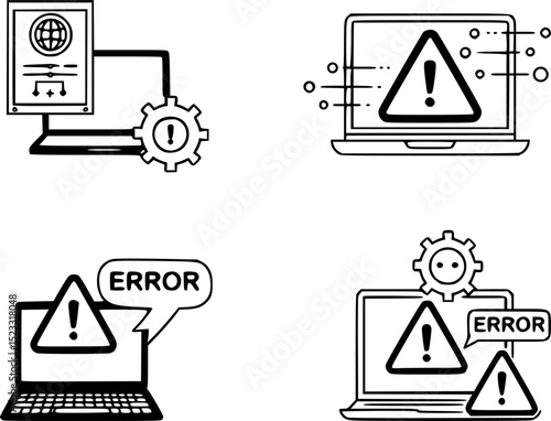 System hacked or mass tech outages worldwide causing IT systems to shut down due to system error of software with error triangle and exclamation mark on laptop vector illustration
