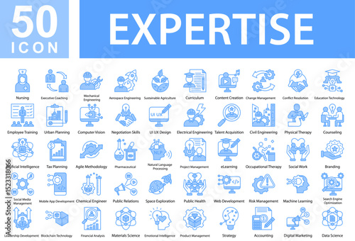 Exspertse Collection of Icons with Blue Color, Containing: Nursing,Executive Coaching,Mechanical Engineering,Aerospace Engineering,Sustainable Agriculture,Curriculum,Content Creation,Change Management