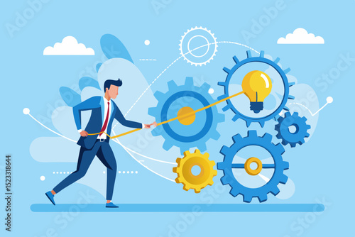 Businessman Driving Innovation Through Gears businessman suit depicted pulling rope turn gears with lightbulb representing innovation The image illustrates the concept driving progress and ideas