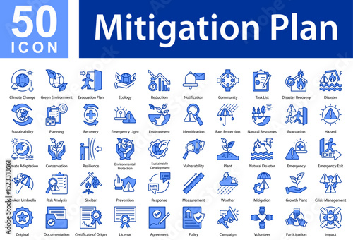 Mitigation Plan Collection of Icons with Blue Color, Containing: Climate Change,Green Environment,Evacuation Plan,Ecology,Reduction,Notification,Community,Task List,Disaster Recovery,Disaster