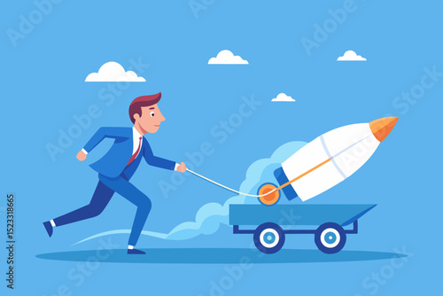 Businessman Launches Rocket with Cart businessman suit runs swiftly pulling cart carrying rocket The scene depicts entrepreneurial drive and achieving goals businessman rocket cart launch