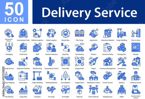 Delivery Service Collection of Icons with Blue Color, Containing: International Delivery,International Trade,Delivery Logistics,Global Logistics,Recycle Box,Train Cargo,Agreement,Hazardous Material