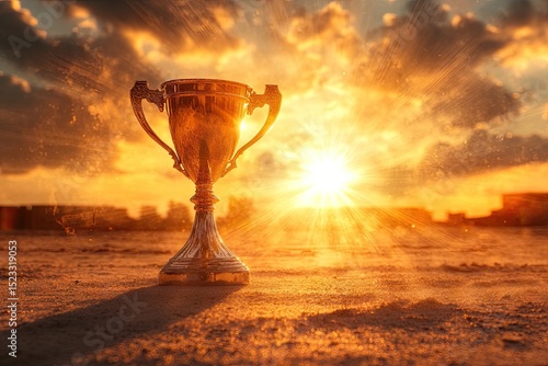 Golden cup glows in sun-drenched, barren terrain with a vibrant orange and yellow sky