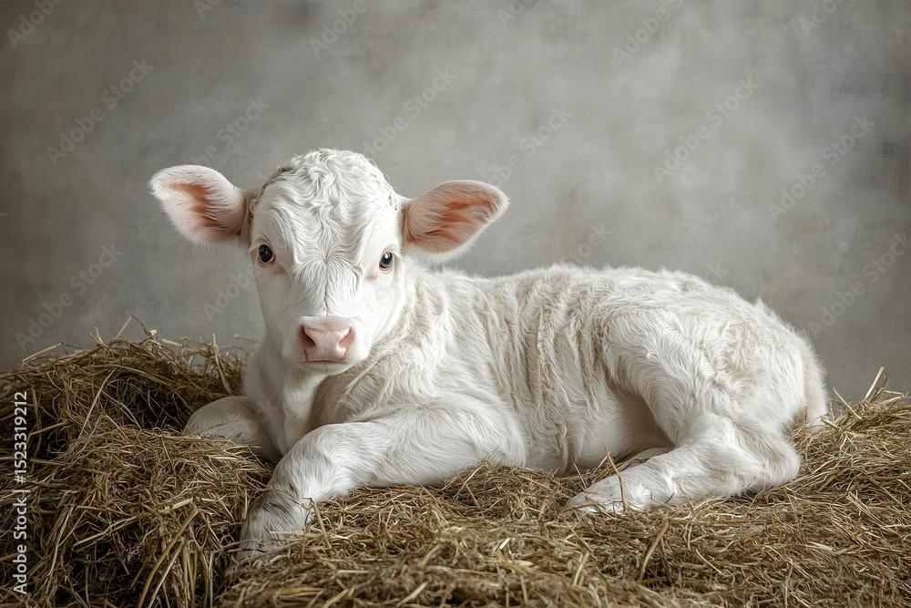 Obraz premium White calf resting on straw near concrete wall, peaceful and calm.