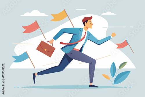 Businessman Running Towards Success businessman suit running forward carrying briefcase and with flags representing success and goals the background focused his journey and achieving his