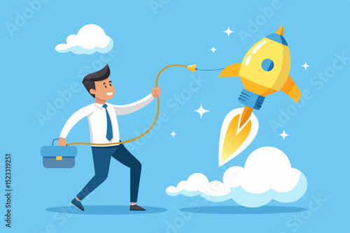 Businessman Launching Rocket to Success businessman pulls rope attached rocket symbolizing launching new venture achieving goal The image conveys ambition and progress businessman rocket success